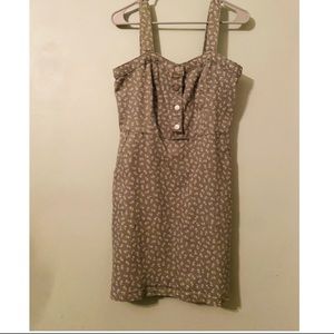 Light olive green with white print dress, cute with a tank top or long sleeves.